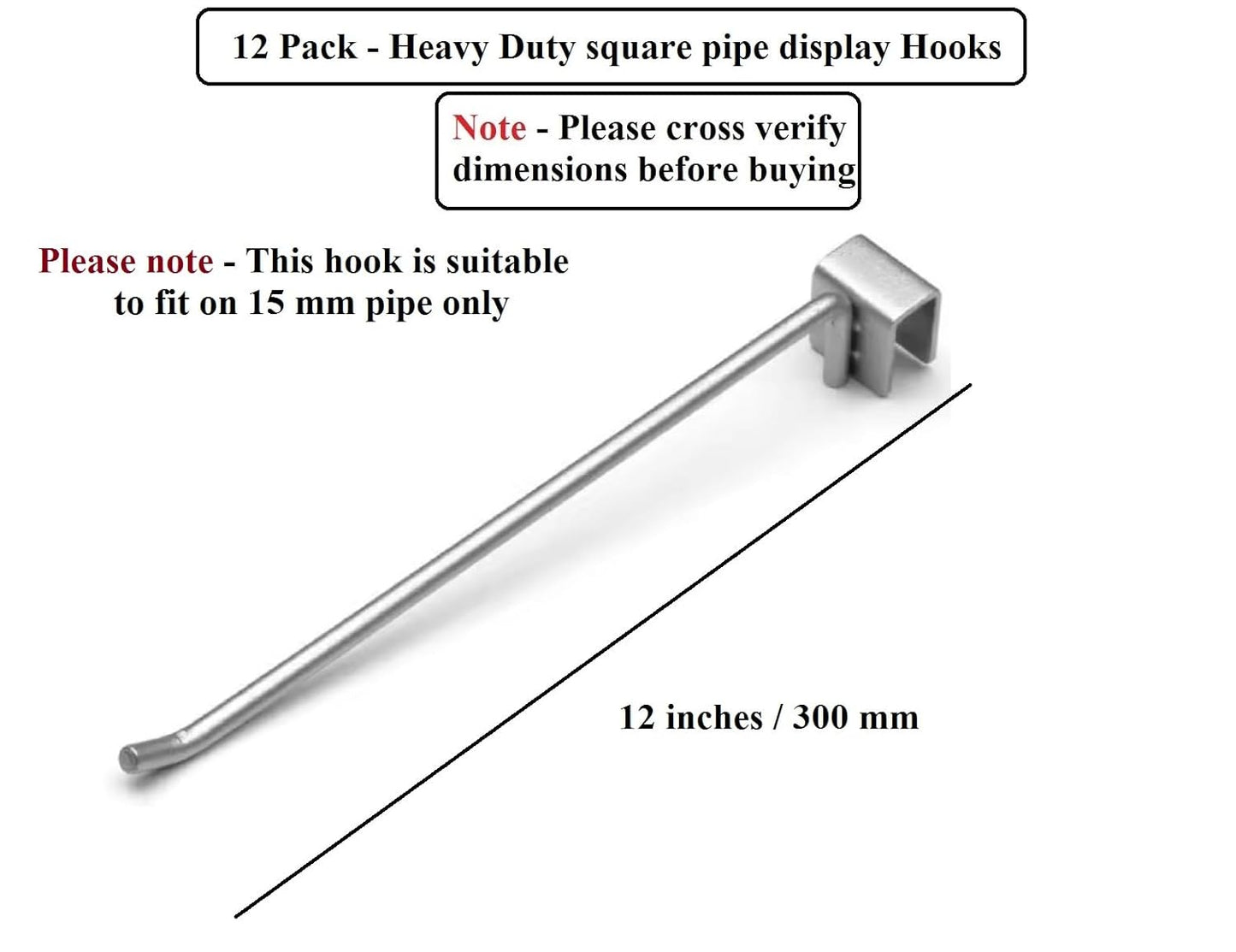 Q1 Beads 12 Pcs. Steel Tube Display Hook 12 inches for Square Pipe 15x30 mm -Supermart Shelf Accessories(Chrome)