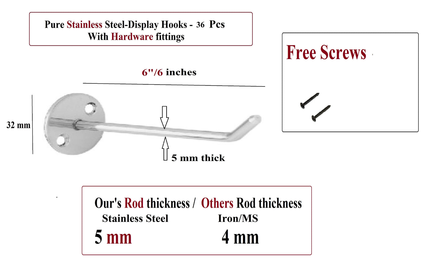 Q1 Beads 36 pcs. 6 inch Stainless Steel Wall mount Display Hook Hanger for Showroom/Mobile Shop/Wall Mount/Clothes