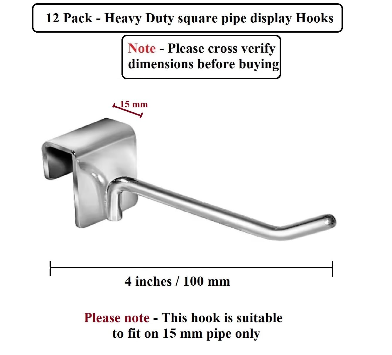 Q1 Beads 12 Pcs. Steel Tube Display Hook 100 mm/4 inch for Square Pipe 15x30 mm -Supermart Shelf Accessories(Chrome)