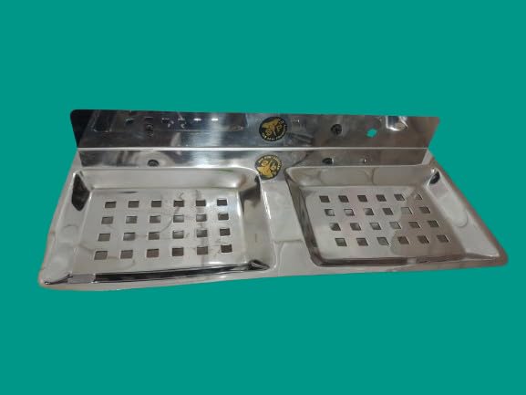 Q1 Beads Stainless Steel Double Soap Holder Stand for Kitchen Sink, Bathroom and Wash Basin with Screws & Fishers (Chrome) -Pack of 1 Pc.