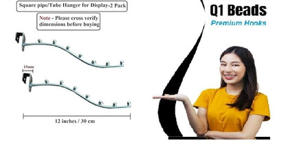 Q1 Beads Steel Tube Hanger 300 mm/12 inch Square Pipe Hooks Hanger Display Hook for 15 mm Square Tube -Supermart Shelf Accessories(Chrome)-2 Pack