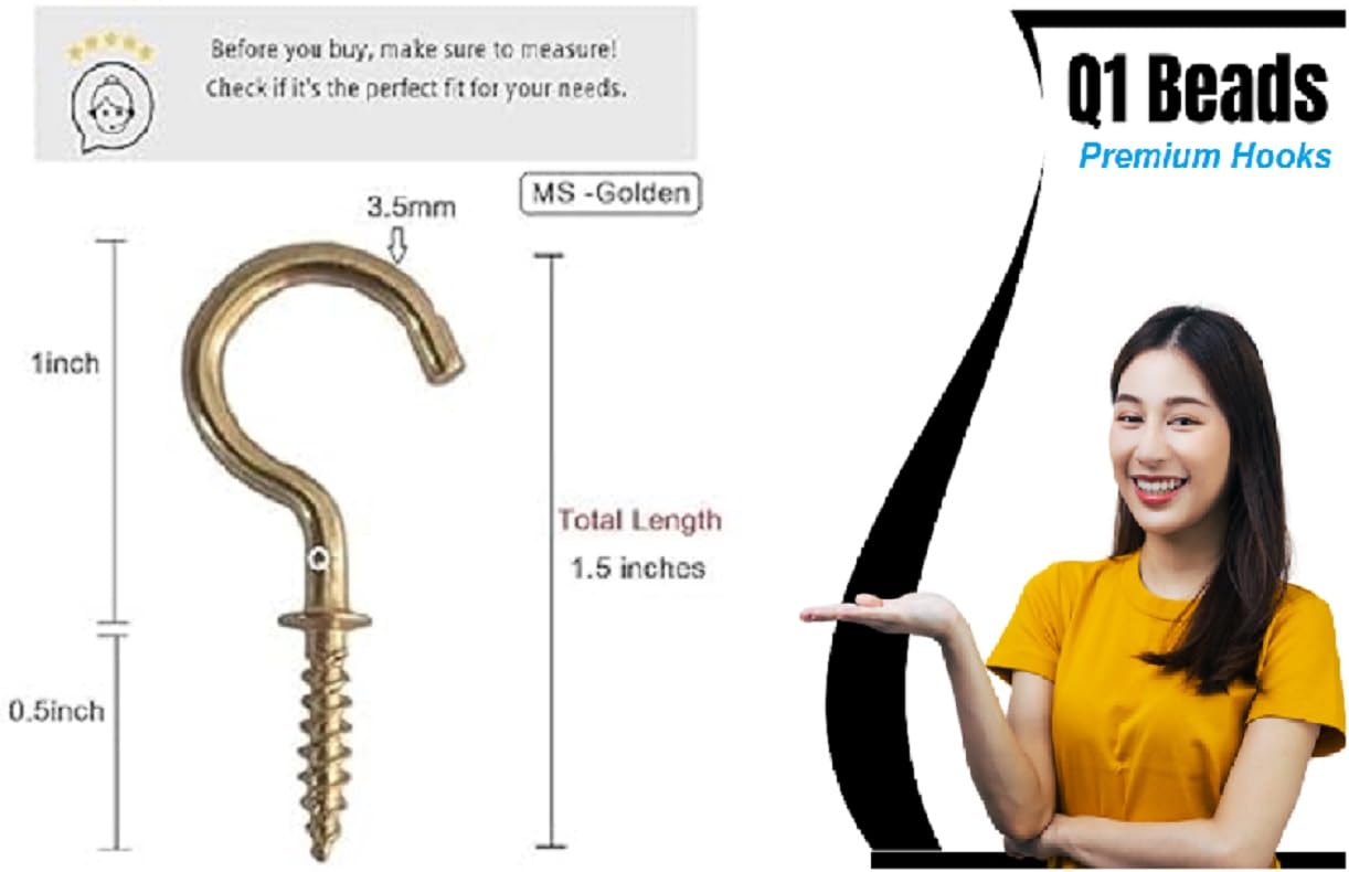 Q1 Beads 50 Pcs 1.5" Steel Cup Hook Ceiling Hooks J Hook Heavy Duty for Hanging Indoor & Outdoor (Golden, 1.5 Inch, 50 Pcs)