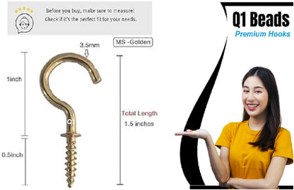 Q1 Beads 50 Pcs 1.5" Steel Cup Hook Ceiling Hooks J Hook Heavy Duty for Hanging Indoor & Outdoor (Golden, 1.5 Inch, 50 Pcs)