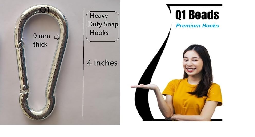 Q1 Beads 2 Pcs. Steel 4 inches (10 mm x100 mm) Heavy Duty Snap Hook Carabiner Large Size 250 kgs. Capacity for Camping & Travel (Chrome)