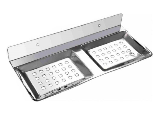 Q1 Beads Stainless Steel Double Soap Holder Stand for Kitchen Sink, Bathroom and Wash Basin with Screws & Fishers (Chrome) -Pack of 1 Pc.
