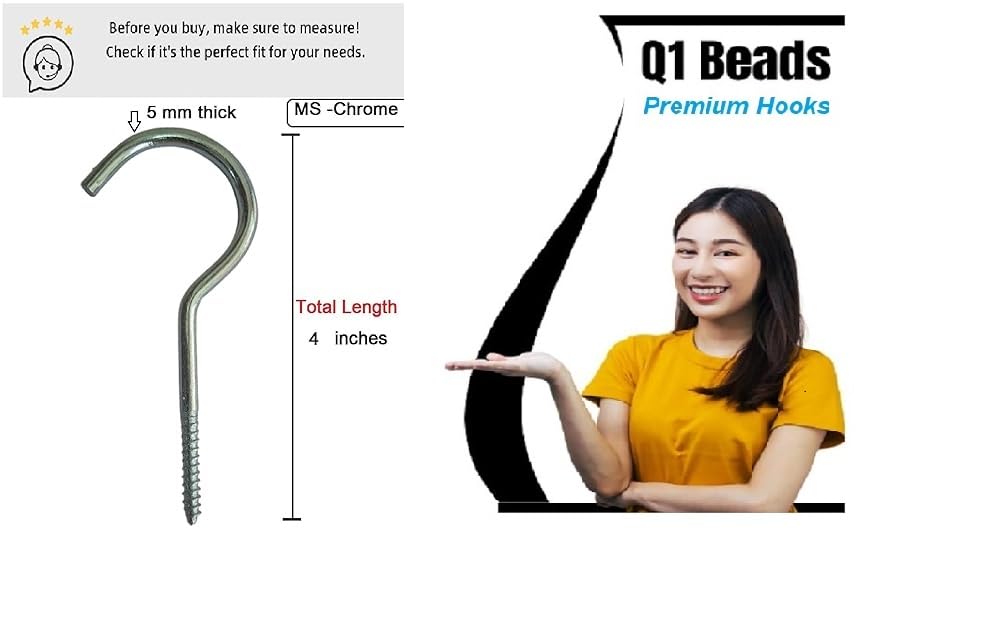 Q1 Beads 15 Pack 4" Inch Steel Cup Hook J Hooks for Hanging- Pack of 15 Pieces (Chrome)