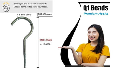 Q1 Beads 15 Pack 4" Inch Steel Cup Hook J Hooks for Hanging- Pack of 15 Pieces (Chrome)