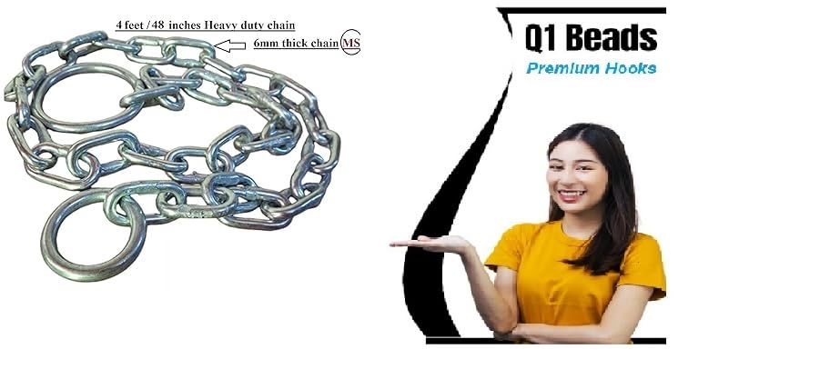 Q1 Beads 4 Feet Metal Lock Chain with 2 Pcs. Snap Hooks Strong & Heavy Duty Made in 8 mm Rod 200 KGS Capacity for Travel & Safety, Garden Swing,Hammock Chain with 2 Pcs. Carabiner (Silver)