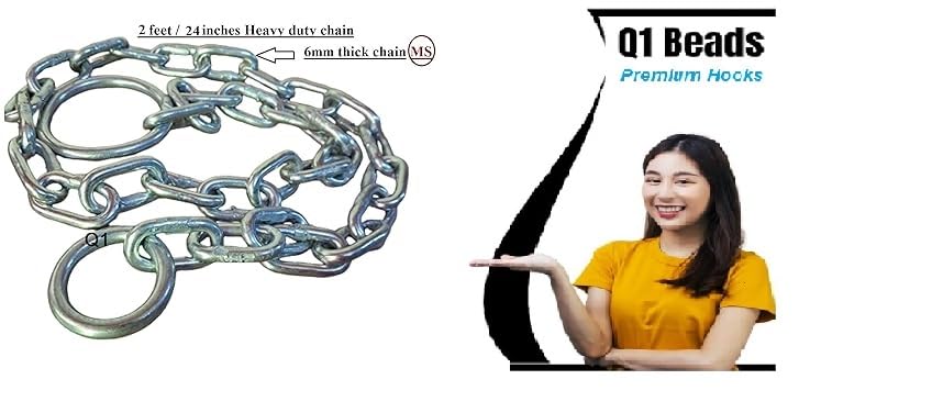 Q1 Beads 2 Feet Metal Lock Chain with 2 Pcs. Snap Hooks Strong & Heavy Duty Made in 8 mm Rod 200 KGS Capacity for Travel & Safety, Garden Swing/Playing Jhula Chain with 2 Pcs. Carabiner (Silver)