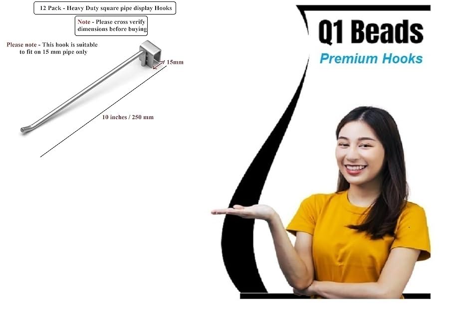 Q1 Beads 12 Pcs. Steel Square Pipe Panel Display Hooks for Shop 250 mm/10 inch for Square Pipe 15x30 mm -Supermart Shelf Accessories(Chrome)