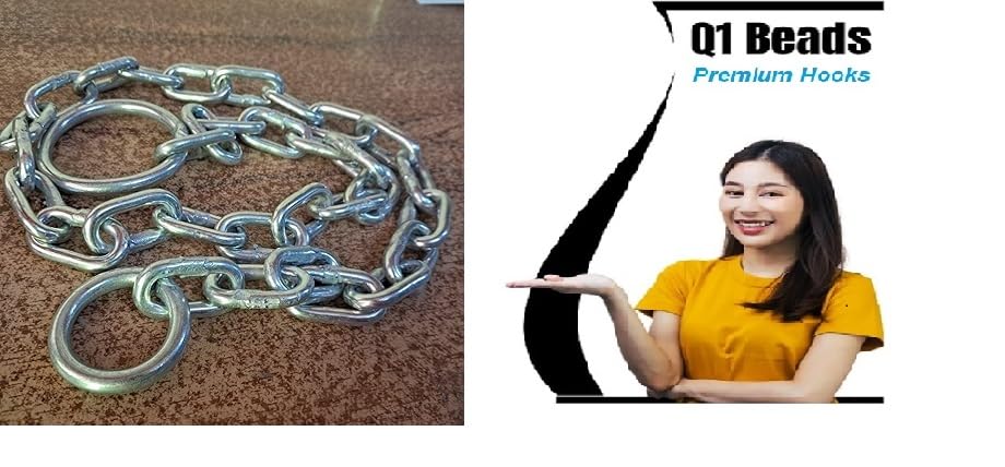 Q1 Beads 3 Feet Metal Lock Chain with 2 Pcs. Snap Hooks Strong & Heavy Duty Made in 8 mm Rod 200 KGS Capacity for Travel & Safety, Garden Swing/Playing Jhula Chain with 2 Pcs. Carabiner (Silver)