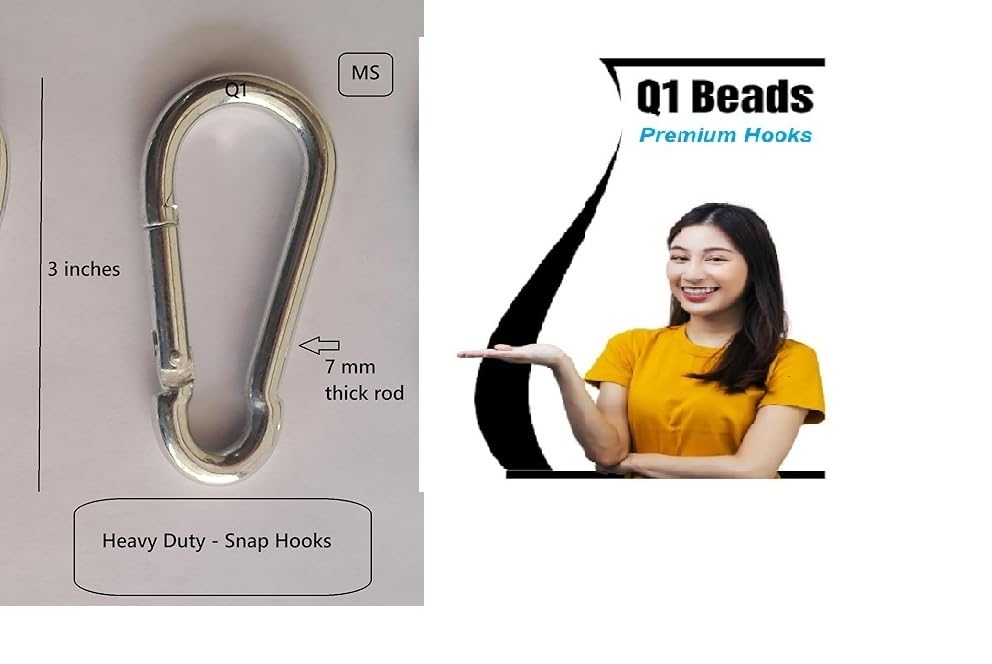 Q1 Beads 3 Pcs. Steel (8 mm x 80 mm) Carabiner Snap Hook 3 inches Heavy Duty Clips for Camping ＆ Travelling (Chrome)