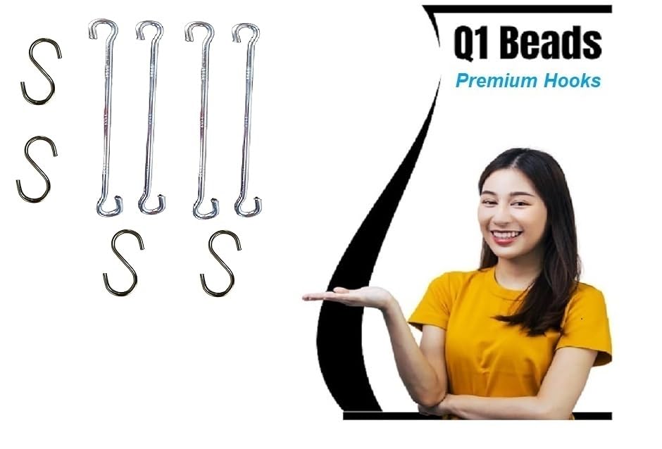 Q1 Beads Metal 4 Pcs Link Saliya Rod 4 S Hooks Hanging Accessories Set for Hammock Swings Chairs, Porch Swings Used for Boxing Bag, Hang Any Article (Silver)