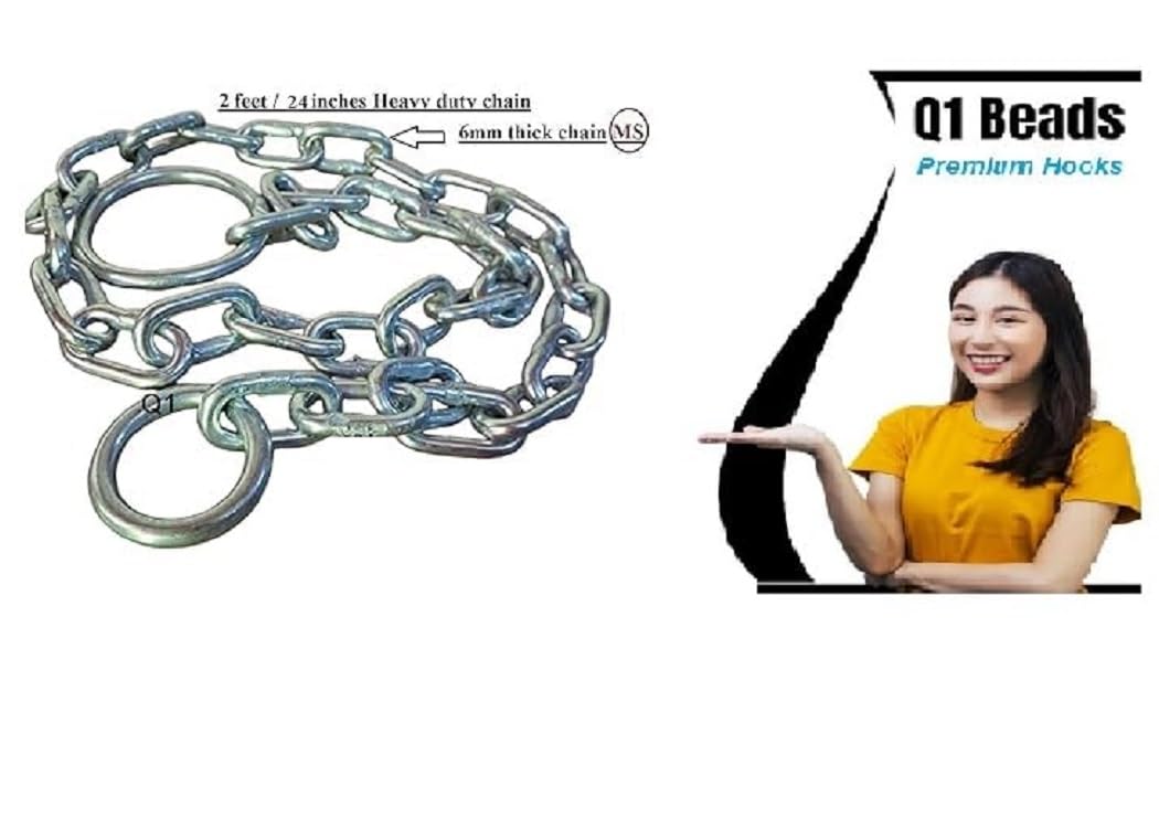 Q1 Beads 2 Feet Metal Lock Chain with 2 Pcs. Snap Hooks Strong & Heavy Duty Made in 8 mm Rod 200 KGS Capacity for Travel & Safety, Garden Swing/Playing Jhula Chain with 2 Pcs. Carabiner (Silver)