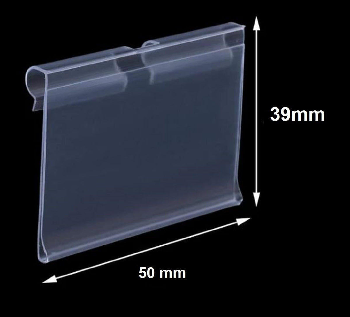 Q1 Beads 50 Pcs. Plastic (L70 mm x H39 mm) Display Pegboard Label Holder for Shelves, for Retail Merchandise Shopping Mall Store Shop Supermarket UPC Price