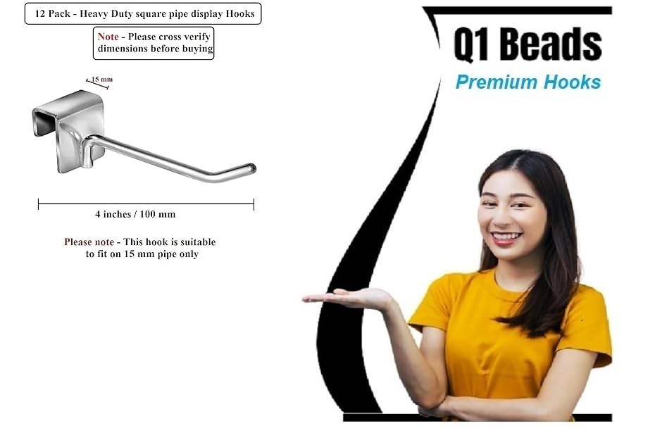 Q1 Beads 12 Pcs. Steel Tube Display Hook 100 mm/4 inch for Square Pipe 15x30 mm -Supermart Shelf Accessories(Chrome)