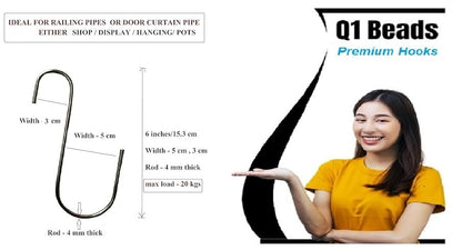 Q1 Beads 6 Pack 6 inches Stainless Steel S Shaped S Hooks for Hanging (Chrome)