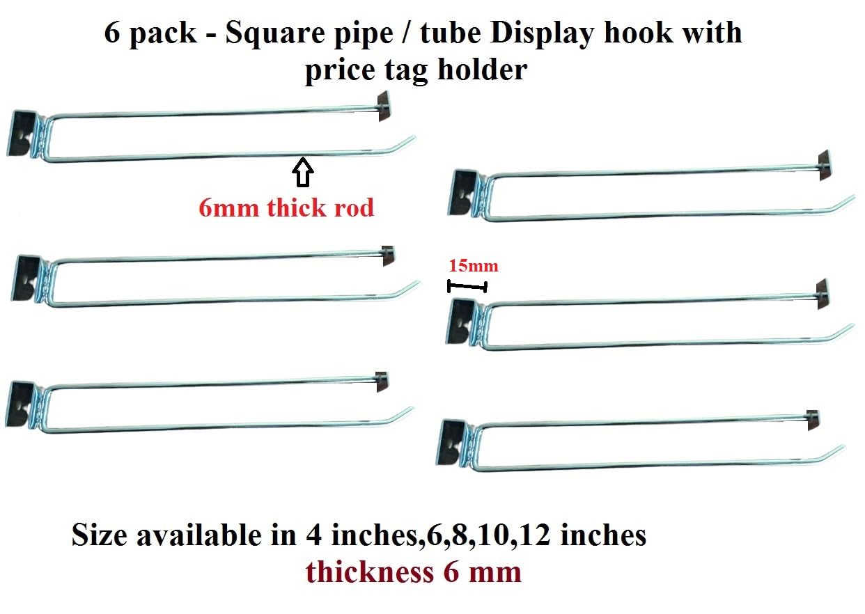 Q1 Beads 6 Pcs. Steel Tube Panel Display Hook with Price Tag Holder 250 mm/10 inch for Square Pipe 15x30 mm -Supermart Shelf Accessories(Chrome)