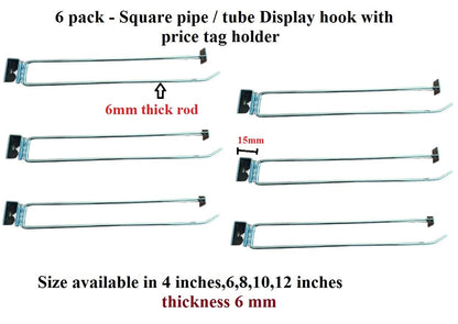 Q1 Beads 6 Pcs. Steel Tube Panel Hook with Price Tag Holder 200 mm/8 inch for Square Pipe 15x30 mm -Supermart Shelf Accessories(Chrome)