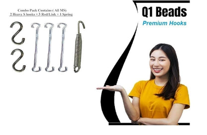 Q1 Beads Metal Swing Jhula Hammock Chain Link Kit - Swing Hammock Spring Hook Set, 150 Kg Capacity Hanging Accessories Combo Pack (2 S Hooks, 3 Link Rod Saliya, 1 Spring, Chrome)