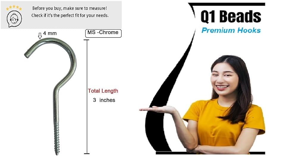 Q1 Beads 25 Pack 3" Inch Steel Cup Hook J Hooks for Hanging - Pack of 25 Pieces (Chrome)