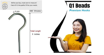 Q1 Beads 25 Pack 3" Inch Steel Cup Hook J Hooks for Hanging - Pack of 25 Pieces (Chrome)
