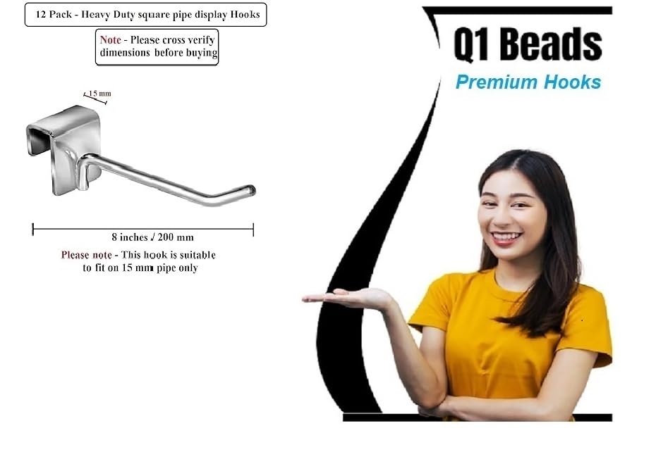 Q1 Beads 12 Pcs. Steel Tube Display Hook 200 mm/8 inch for Square Pipe 15x30 mm-Supermart Shelf Display Hook Hanger for Grid Shelf Hook Grid Panel Hooks, Showroom, Mobile Shop