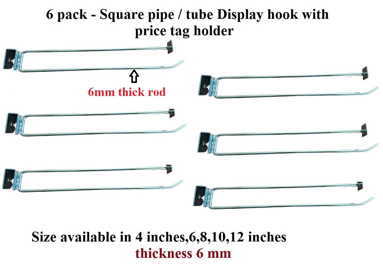 Q1 Beads 6 Pcs. Steel Tube Panel Display Hook with Price Tag Holder 300 mm/12 inch for Square Pipe 15x30 mm -Supermart Shelf Accessories(Chrome)