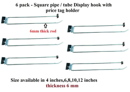 Q1 Beads 6 Pcs. Steel Tube Panel Display Hook with Price Tag Holder 300 mm/12 inch for Square Pipe 15x30 mm -Supermart Shelf Accessories(Chrome)