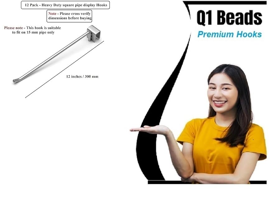 Q1 Beads 12 Pcs. Steel Square Pipe Panel Display Hooks for Shop 300 mm/12 inch for Square Pipe 15 mm -Supermart Shelf Accessories(Chrome)