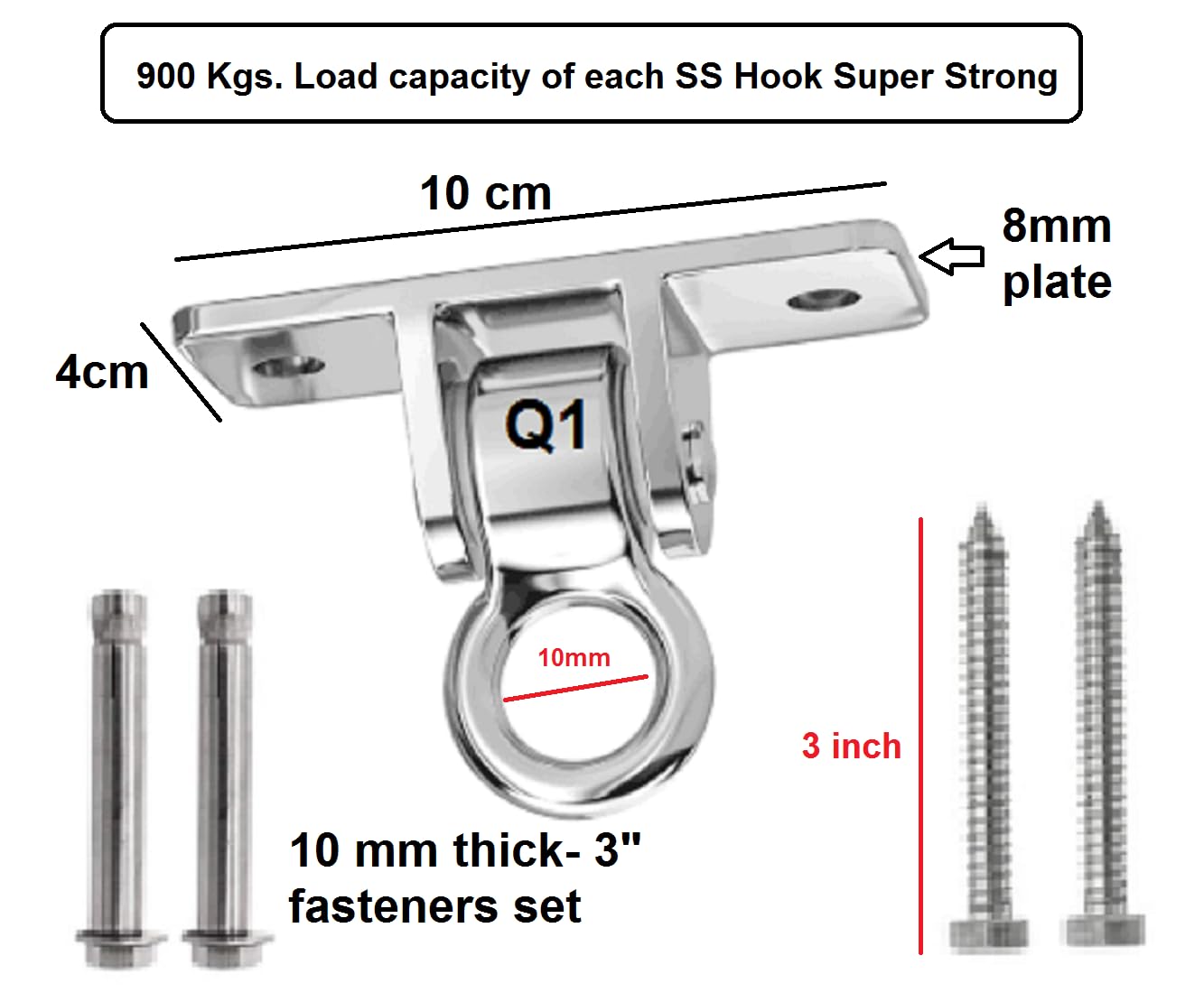 Q1 Beads 304 Stainless Steel 900 Kgs Load Capacity Swing Hanger Heavy Duty Ceiling Hook Bearing Kada for Hanging Swing, Hammock,Playing Jhula,Playground, Porch, Yoga Seat with Fittings (Chrome,1 Pc.)