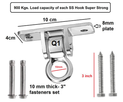 Q1 Beads 304 Stainless Steel 900 Kgs Load Capacity Swing Hanger Heavy Duty Ceiling Hook Bearing Kada for Hanging Swing, Hammock,Playing Jhula,Playground, Porch, Yoga Seat with Fittings (Chrome,1 Pc.)