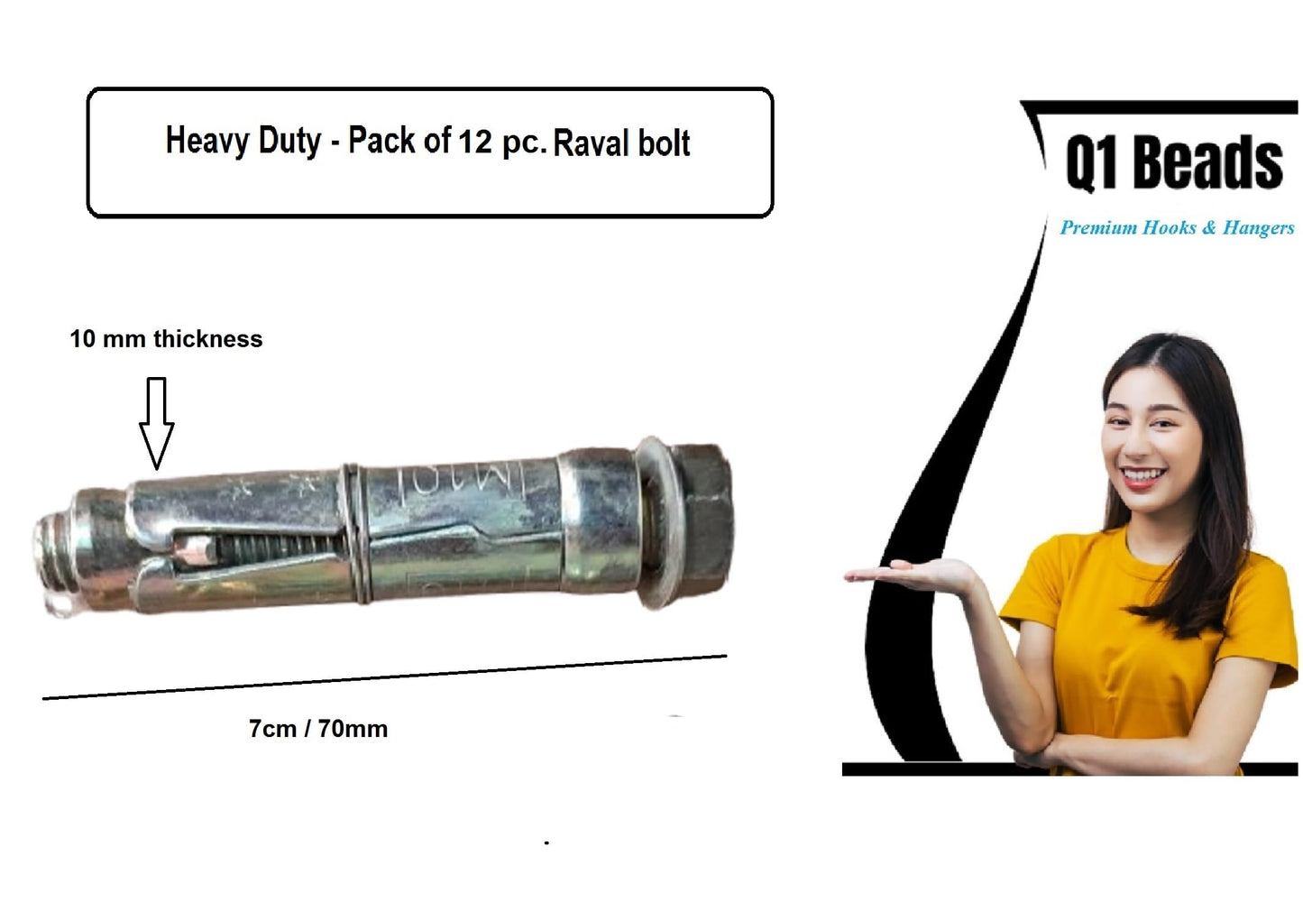 Q1 Beads Metal M10x70 mm Raval fasteners for wall,Ceiling fitting -10mm thickness (Golden)