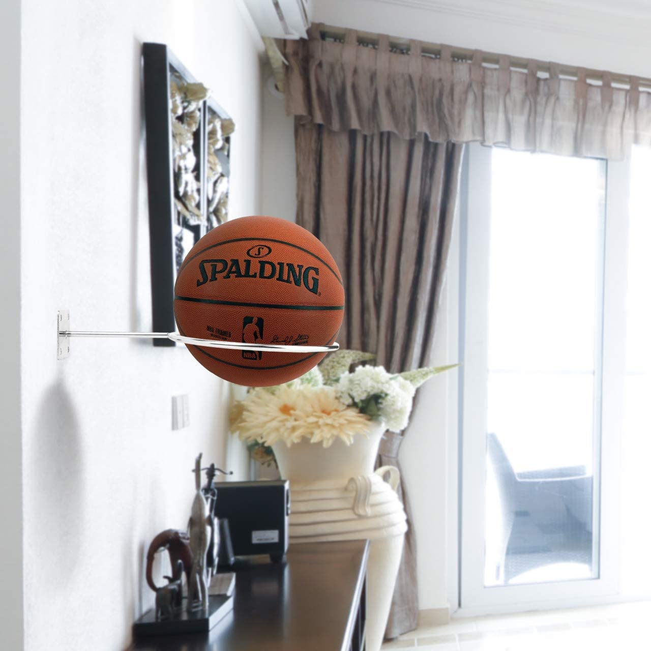 Q1 Beads 1 Pack Stainless Steel Wall Mount Football Sports Ball Stand Holder for Home & Display (Chrome),Steel,Hanging Shelves