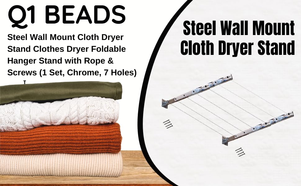 Q1 Beads 7 Tier Stainless Steel Wall Mount Folding Cloth Dryer Stand with Rope & Screws (1 Set)