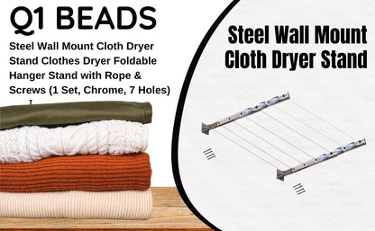 Q1 Beads 7 Tier Stainless Steel Wall Mount Folding Cloth Dryer Stand with Rope & Screws (1 Set)