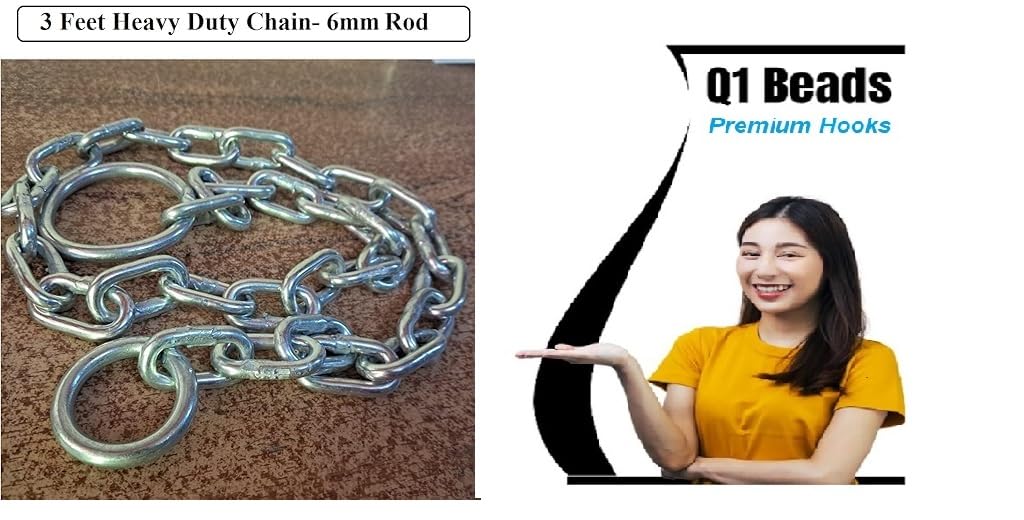 Q1 Beads 3 Feet Lock Swing Hanging Chain with 3 Pcs 9 mm S hooks Strong & Heavy Duty 200 KGS Capacity for Hammock, Swing Punching Bag Extension Chain, Hanging Chair, Aerial Yoga (Silver)