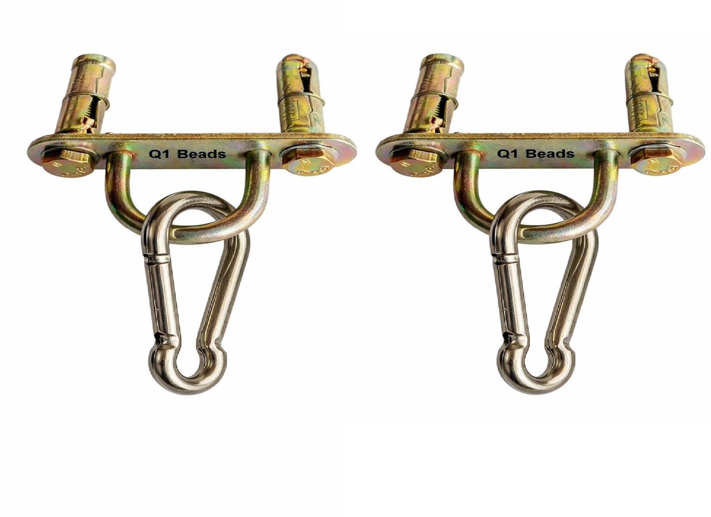 Q1 Beads 2 Pack Metal Wall Hook with Snap Hook 8x80mm Heavy Duty 300 Kg Load Capacity | Zinc Plated Raval Anchor Bolt 10x70 mm Hanger for Swing, Hammock, Punching Bag, Garage Storage (Golden)