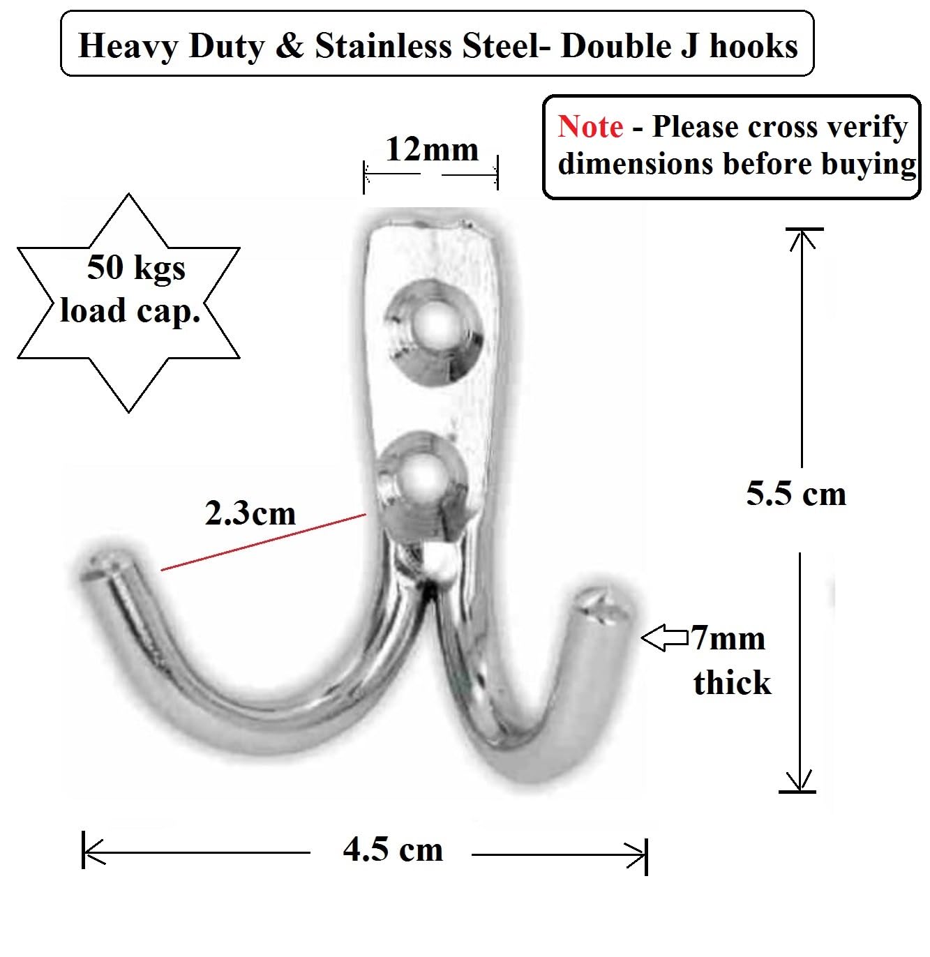 Q1 Beads Stainless Steel Double J Hooks Heavy Duty with Screws & Fishers (Chrome) -Pack of 4 Pcs.