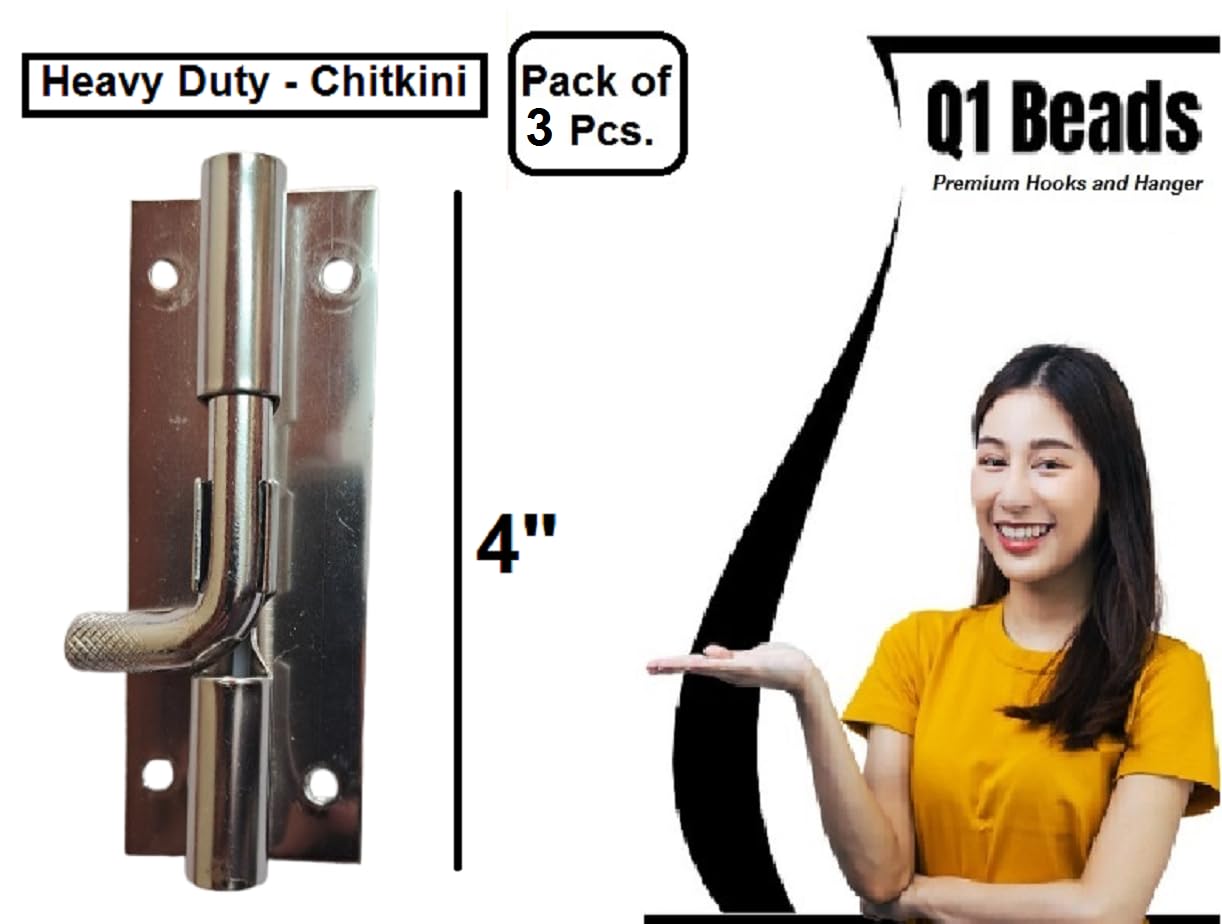Q1 Beads 3 Pcs. 4 inch Steel Chitkini/Tower Bolt for Home,Offices Doors and Windows,Main Door Latch/Kundi/Door Latch for Windows (Chrome, Pack of 3)