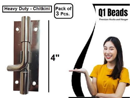 Q1 Beads 3 Pcs. 4 inch Steel Chitkini/Tower Bolt for Home,Offices Doors and Windows,Main Door Latch/Kundi/Door Latch for Windows (Chrome, Pack of 3)