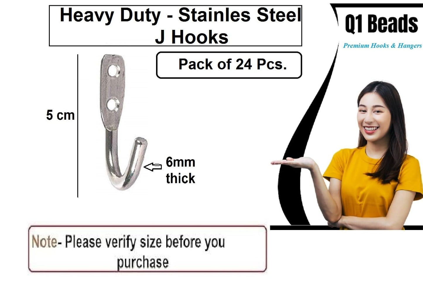 Q1 Beads 24 Pcs. Stainless Steel 30 Kgs Load Capacity Heavy Duty(6mm) J Hook Wall Hook Hanger for Hanging on Bathroom Door,Clothes, Robe, Keys (Chrome)