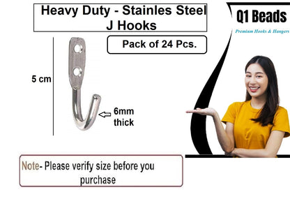 Q1 Beads 24 Pcs. Stainless Steel 30 Kgs Load Capacity Heavy Duty(6mm) J Hook Wall Hook Hanger for Hanging on Bathroom Door,Clothes, Robe, Keys (Chrome)
