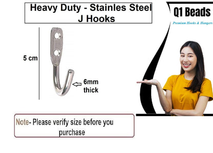 Q1 Beads 12 Pcs. Stainless Steel Heavy Duty(6mm) J Hook 30 Kgs Load Capacity Wall Hooks for Hanging on Bathroom Door,Clothes, Robe, Keys (Chrome)