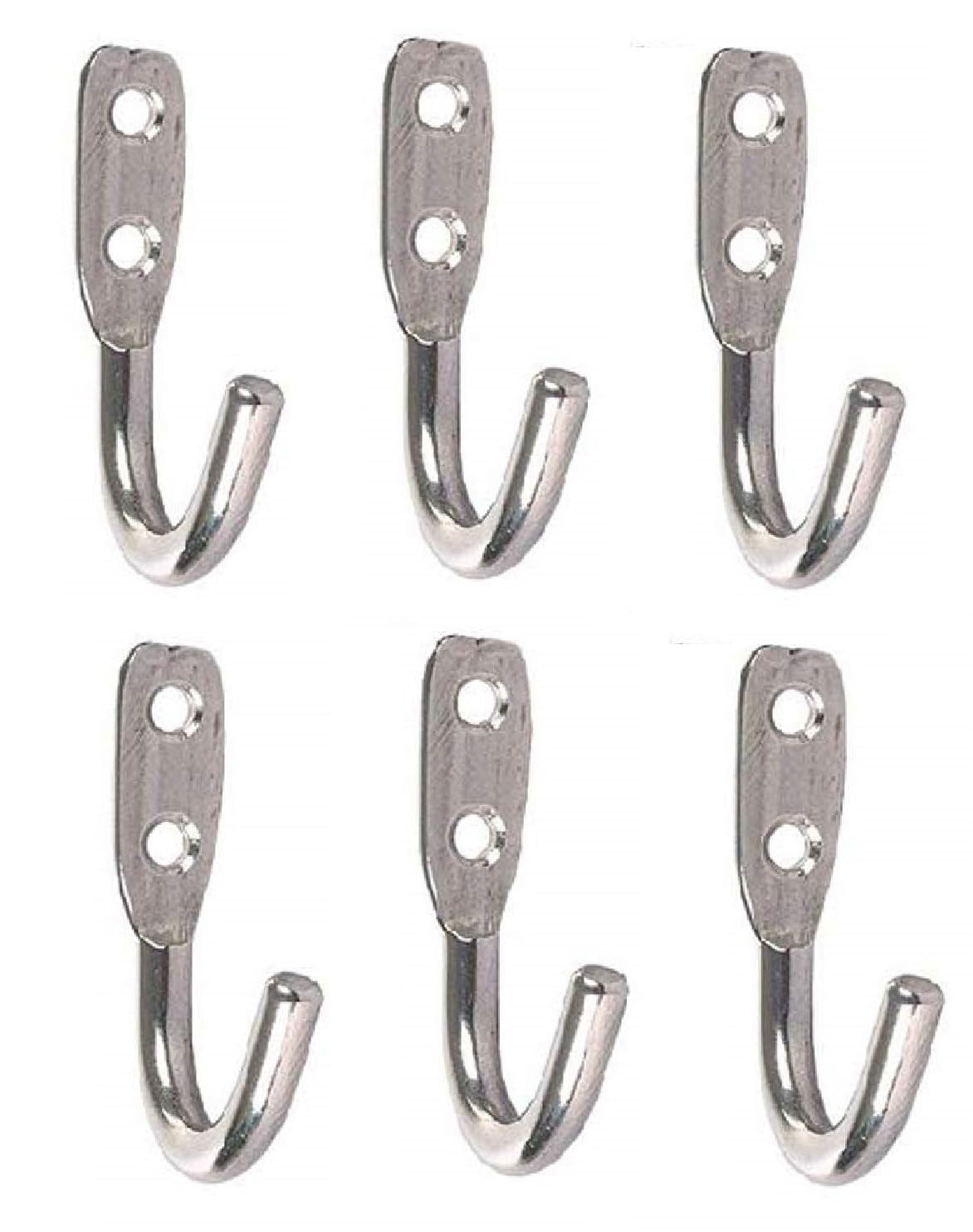 Q1 Beads 6 Pcs. Stainless Steel Heavy Duty(6mm) J Hook 30 Kgs Load Capacity Wall Hooks for Hanging on Bathroom Door,Clothes, Robe, Keys (Chrome)