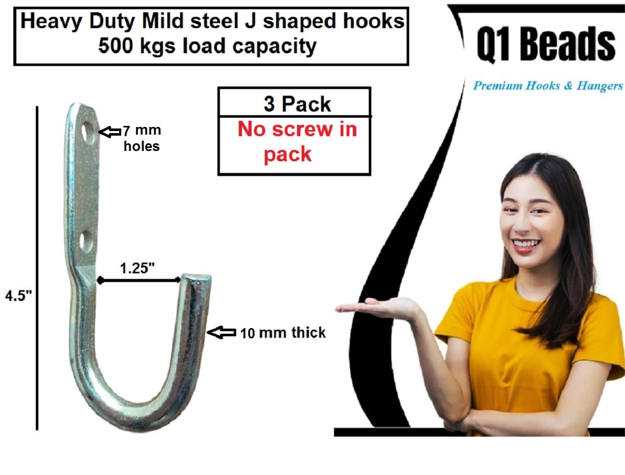 Q1 Beads 3 Pack Steel 10 mm Thick Heavy Duty J Hook Stand 500 kgs Capacity, Zinc Plated for Hanging in Workshop,Home and Industrial Applications(3 Pack,Golden)