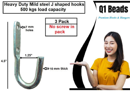 Q1 Beads 3 Pack Steel 10 mm Thick Heavy Duty J Hook Stand 500 kgs Capacity, Zinc Plated for Hanging in Workshop,Home and Industrial Applications(3 Pack,Golden)
