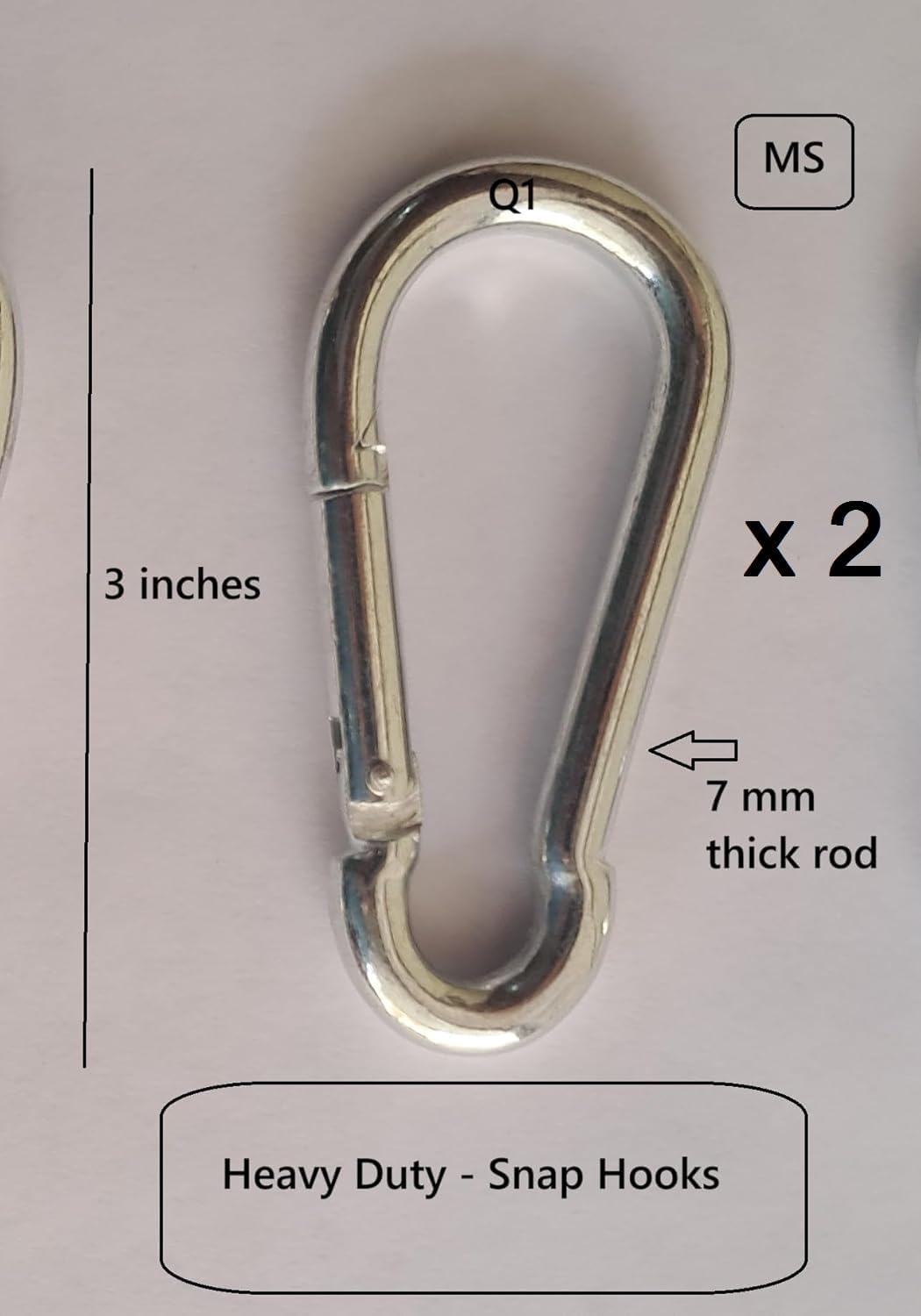 Q1 Beads 2 Feet Metal Lock Chain with 2 Pcs. Snap Hooks Strong & Heavy Duty Made in 8 mm Rod 200 KGS Capacity for Travel & Safety, Garden Swing/Playing Jhula Chain with 2 Pcs. Carabiner (Silver)