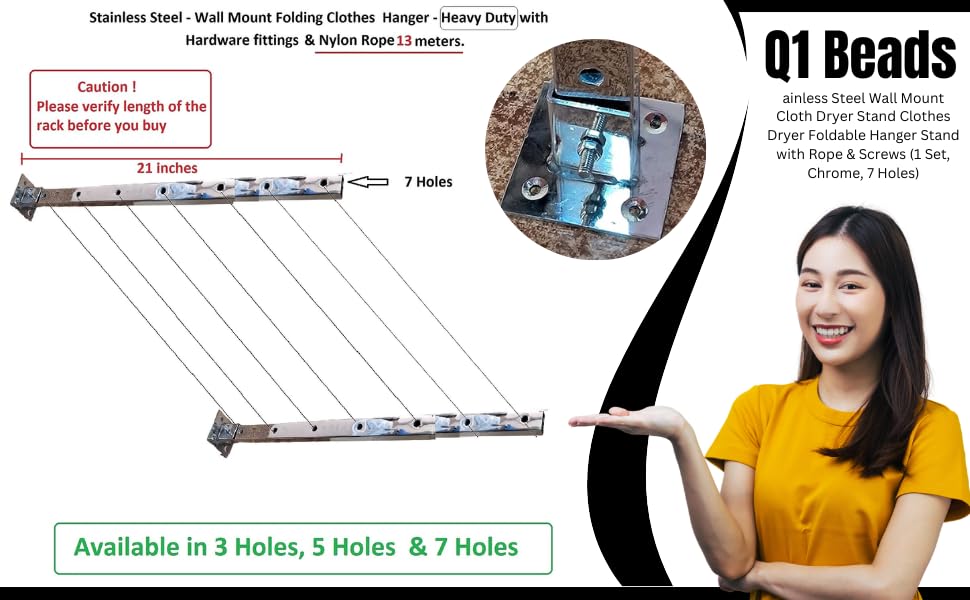Q1 Beads 7 Tier Stainless Steel Wall Mount Folding Cloth Dryer Stand with Rope & Screws (1 Set)