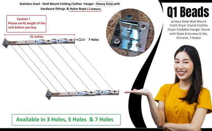 Q1 Beads 7 Tier Stainless Steel Wall Mount Folding Cloth Dryer Stand with Rope & Screws (1 Set)